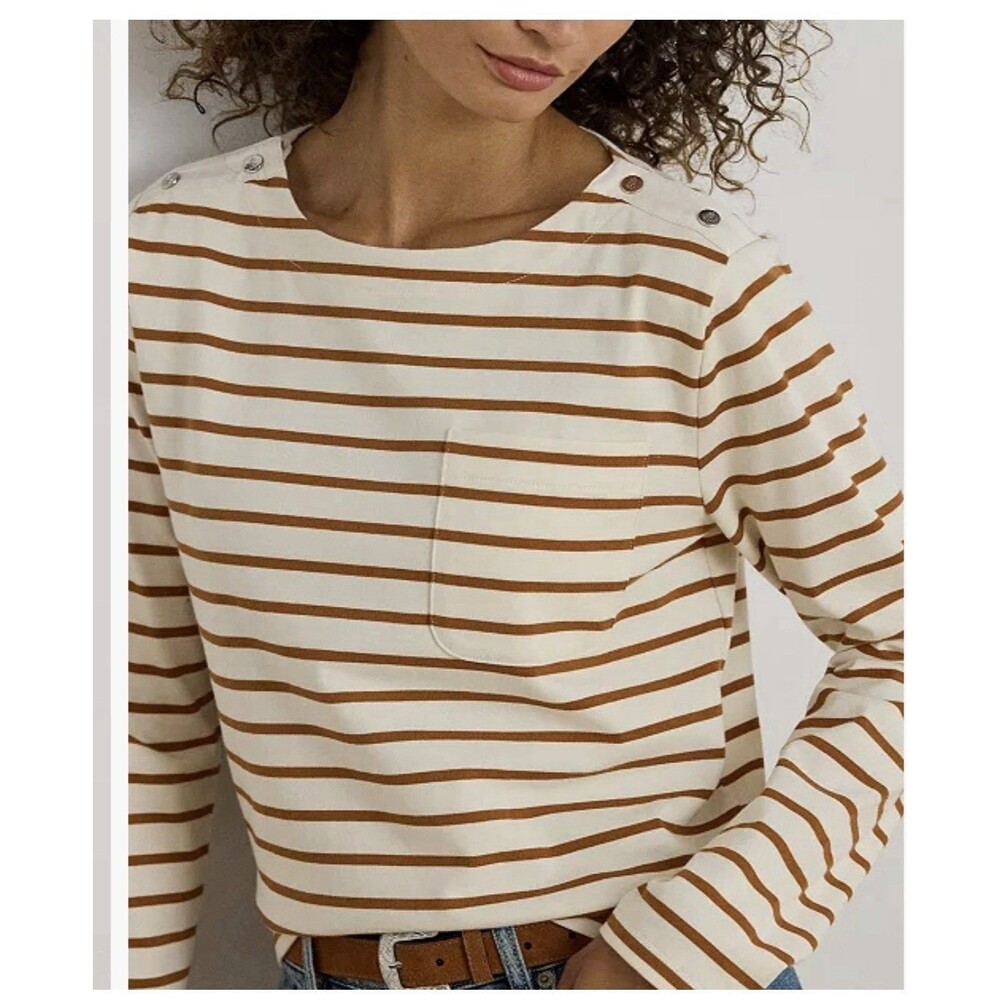 NWT Lauren Ralph Lauren Women Striped Cotton Jersey Boatneck Top Shirt Med $115